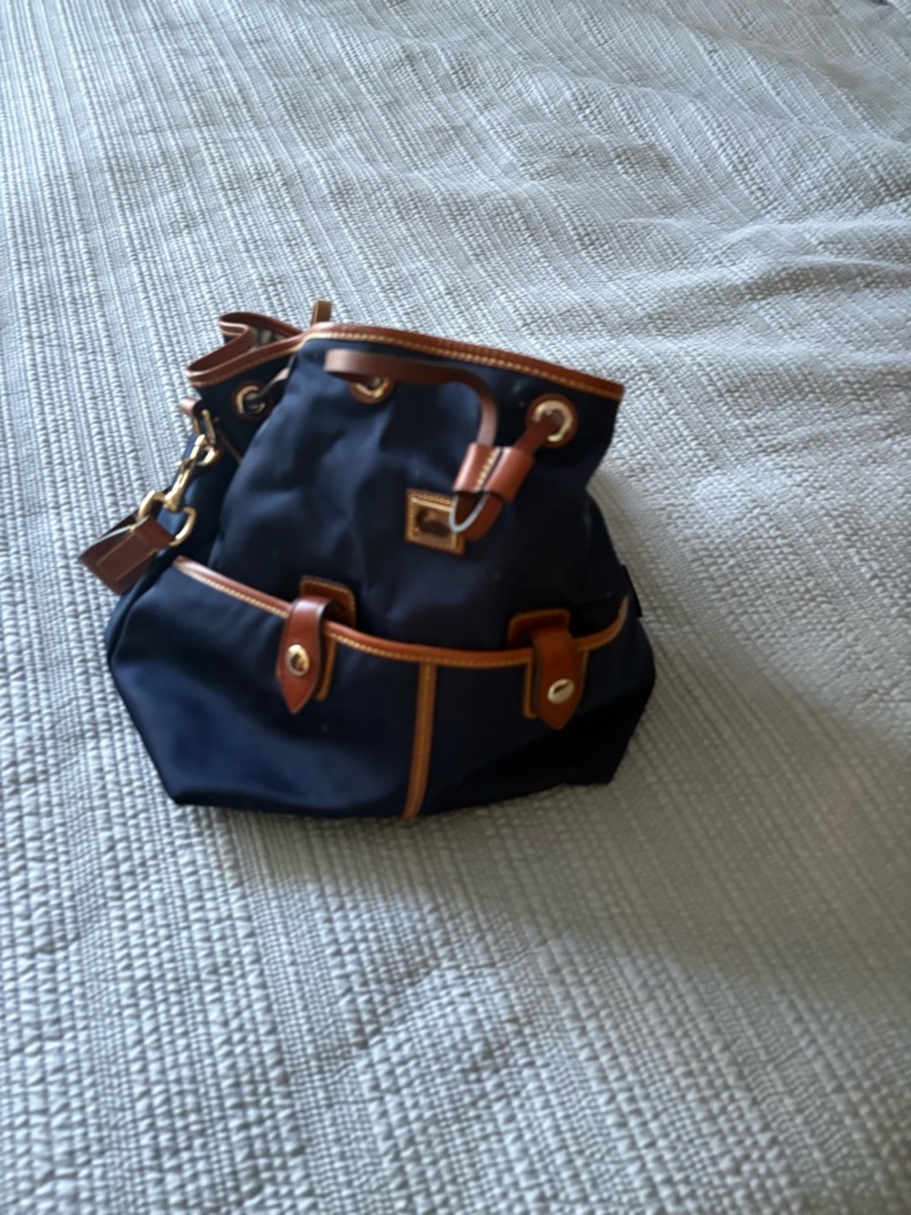 Dooney & Bourke Navy Nylon Bucket Bag with Brown Trim